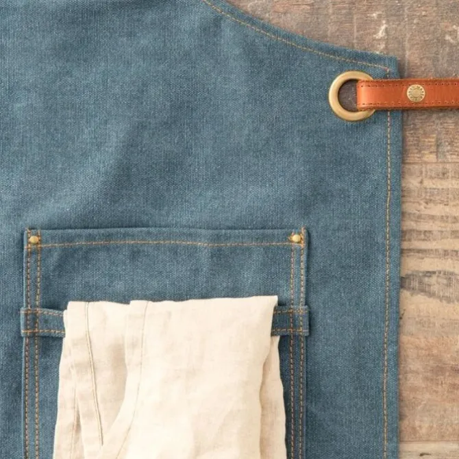 Alaskan Maker N°325 schort met nek- en middelband katoen Denim Fonce