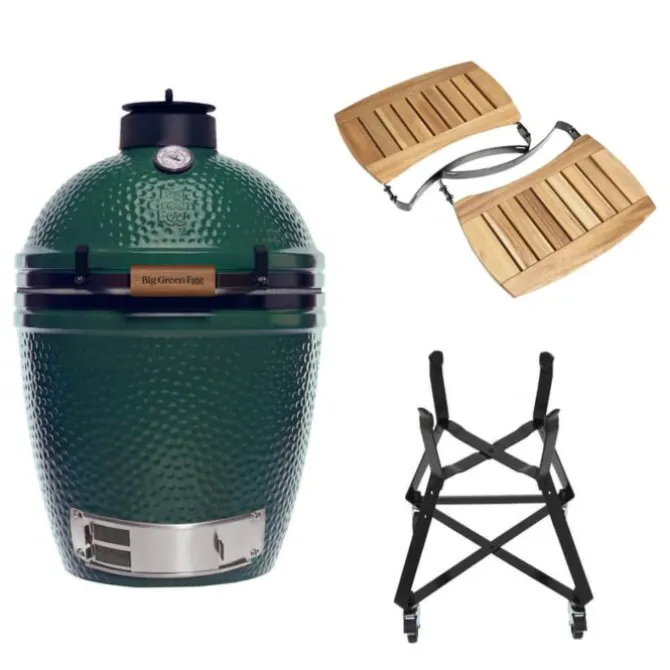 Big Green Egg Medium barbecue ø 38 cm keramiek groen met onderstel en Acaciahouten zijtafels