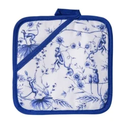 Heinen Delfts Blauw Aapjes pannenlap wit