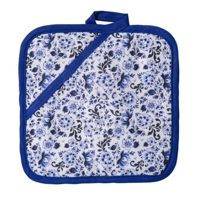 Heinen Delfts Blauw Bloemen pannenlap wit