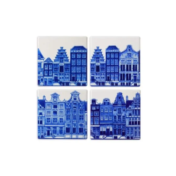 Heinen Delfts Blauw Grachtenpanden onderzetters 4-delig