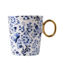 Heinen Delfts Blauw Sierlijke Bloem mok goudkleurig