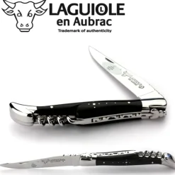 Laguiole en Aubrac klapmes met kurkentrekker 12 cm ebbenhout