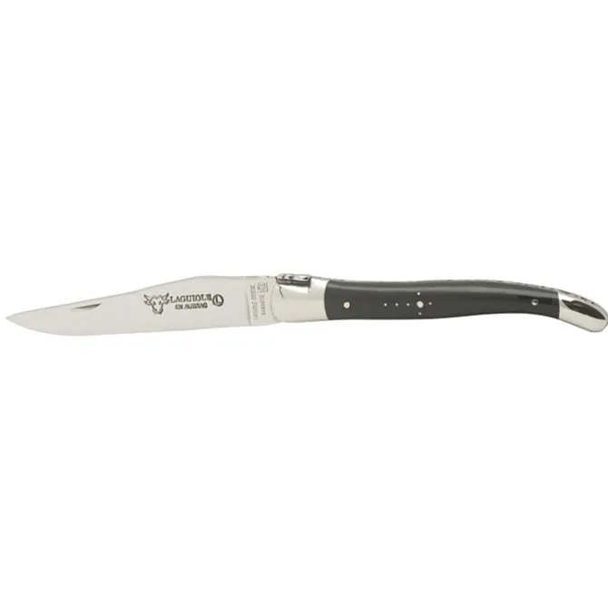 Laguiole en Aubrac Shepherd's Cross klap-steakmes 12 cm buffelhoorn zwart