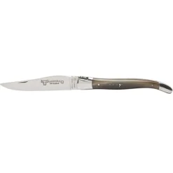 Laguiole en Aubrac Shepherd's Cross klap-steakmes 12 cm hoorn beige