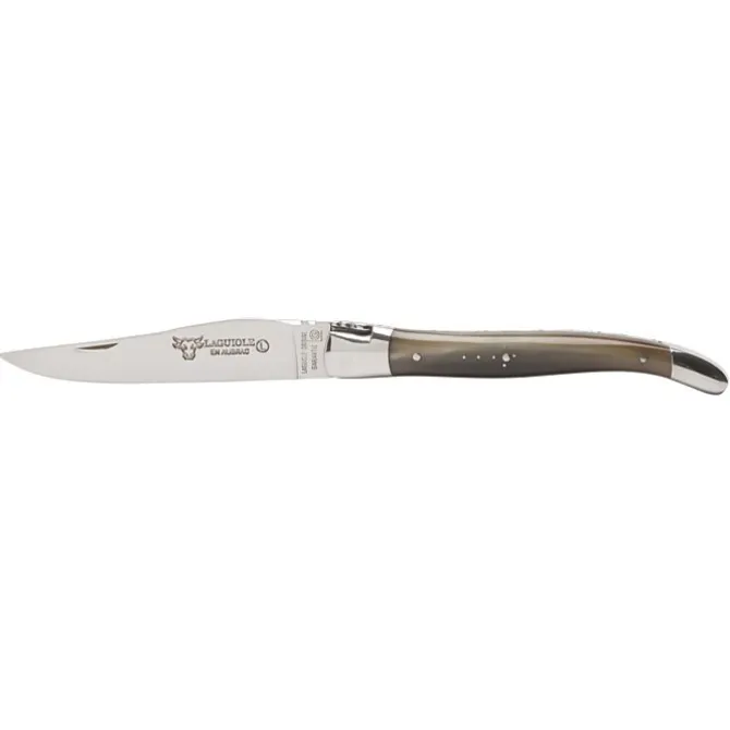 Laguiole en Aubrac Shepherd's Cross klap-steakmes 12 cm hoorn beige