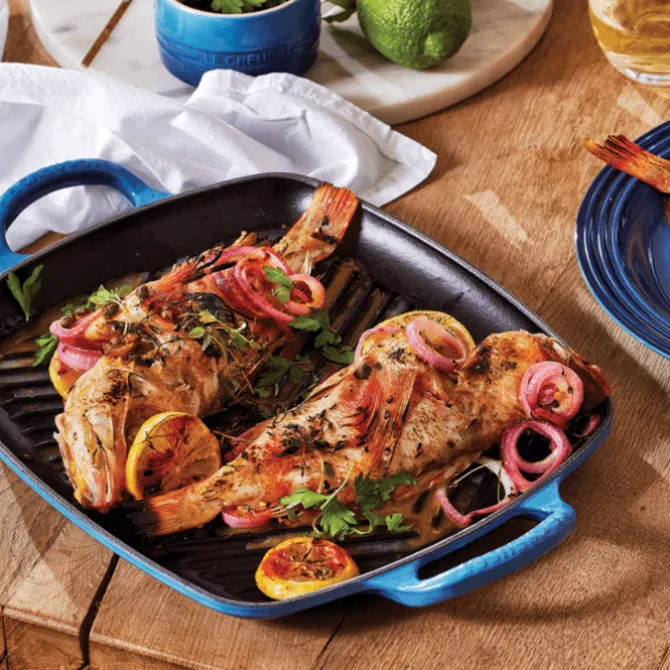Le Creuset rechthoekige grill 30 cm gietijzer Azure