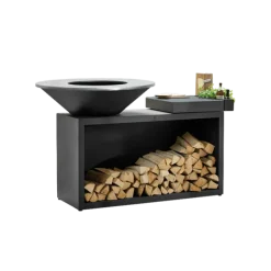 OFYR Island Black 100-100 vuurkorf - barbecue met meubel en plank van donkergrijs keramiek