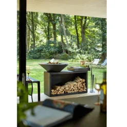 OFYR Island Black 100-100 vuurkorf - barbecue met meubel en plank van donkergrijs keramiek