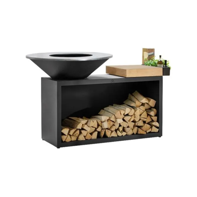 OFYR Island Black 100-100 vuurkorf - barbecue met meubel en plank van teakhout