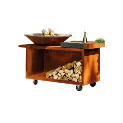 OFYR Island PRO 100-100 vuurkorf - barbecue met meubel en plank van donkergrijs keramiek