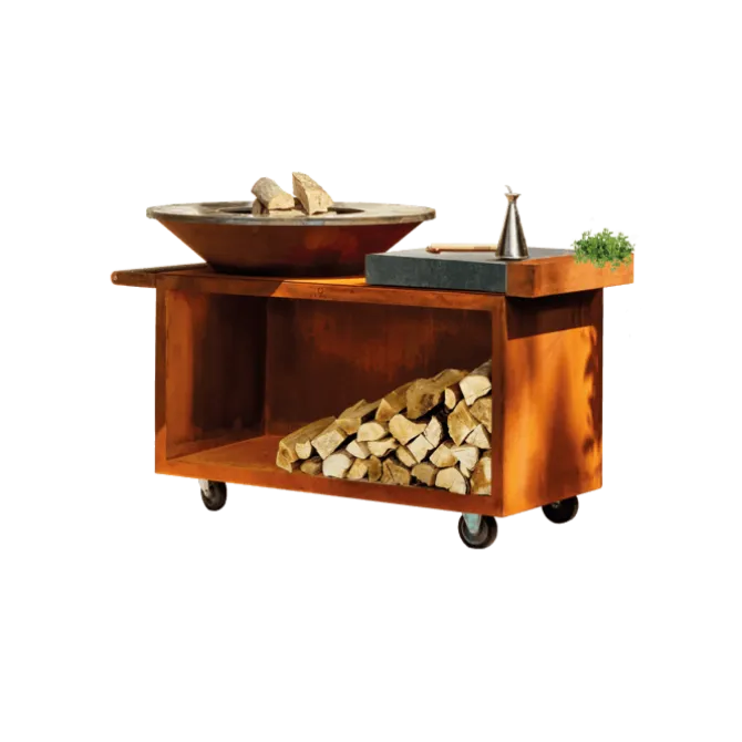 OFYR Island PRO 100-100 vuurkorf - barbecue met meubel en plank van donkergrijs keramiek