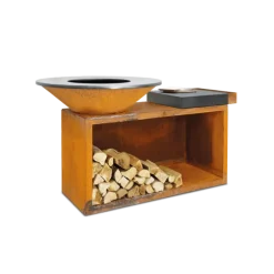 OFYR Island 85-100 vuurkorf - barbecue met meubel en plank van donkergrijs keramiek