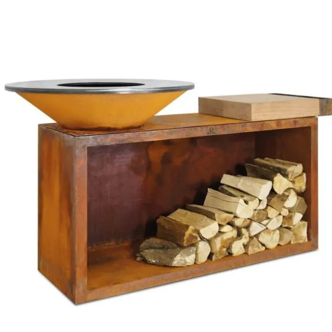 OFYR Island 85-100 vuurkorf - barbecue met meubel en plank van teakhout