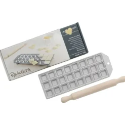 Oldenhof ravioliplaat 24 stuks vierkant 32mm x 32mm aluminium met deegroller in geschenkverpakking