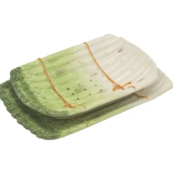 Oldenhof uitlekschaal met onderbord voor asperges aardewerk groen