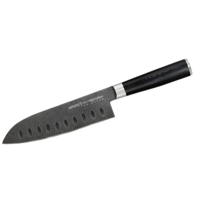 Samura MO-V Stonewash Santoku met kuiltjes 18 cm AUS-8 staal