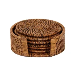 Tiseco onderzetters in houder ø 10 cm rattan bruin 6 stuks