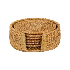 Tiseco onderzetters in houder ø 10 cm rattan naturel 6 stuks