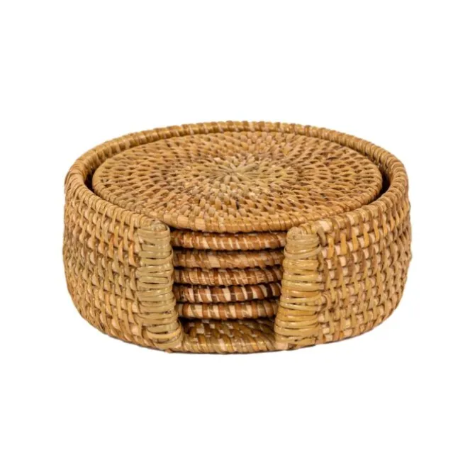 Tiseco onderzetters in houder ø 10 cm rattan naturel 6 stuks