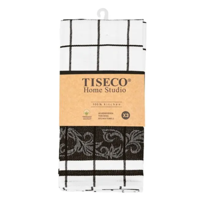 Tiseco Pharao Arabesque theedoek 50 x 70 katoen zwart 3 stuks